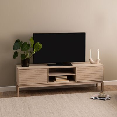 Meuble TV 2 portes 160x40x50 cm décor chêne blanchi - LINEY