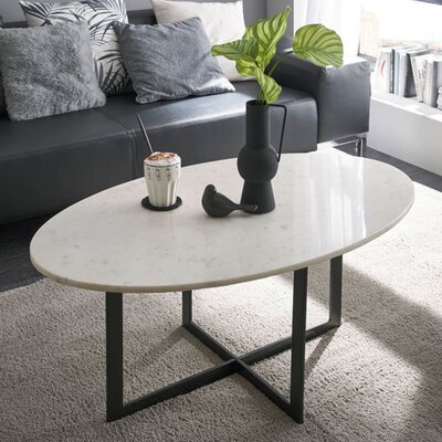Table basse ovale 105x60x50 cm en marbre blanc et métal noir