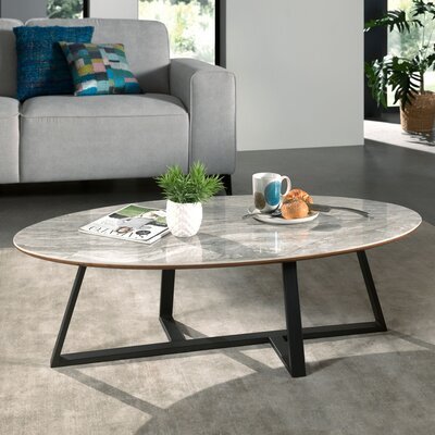 Table basse ovale 120x60x35 cm en céramique grise et métal noir