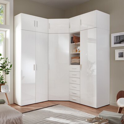 Dressings et armoires, meubles et rangements, Dressing extensible CHICA 2  colonnes blanc / béton avec rideau anthracite