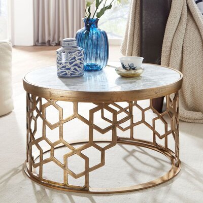 Table basse ronde 60x60x36 cm en marbre blanc et aluminium doré