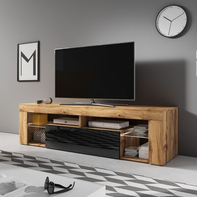 Meuble TV 1 porte 140x35x50 cm chêne et noir avec LED - PUEBLA